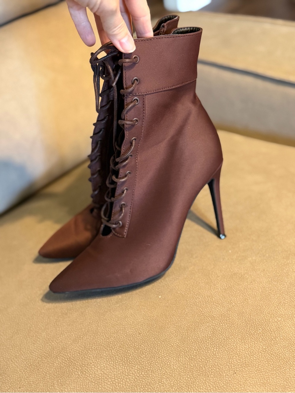 Pointed Toe Lace-Up Stiletto Ankle Boots - Brown